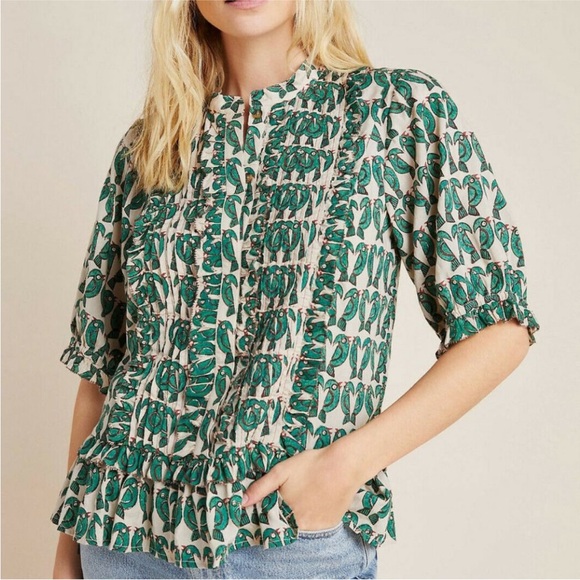 ANTHROPOLOGIE MAEVE Birdie Ruffled Button-down Blouse 6 tropical vacation resort - Picture 5 of 11